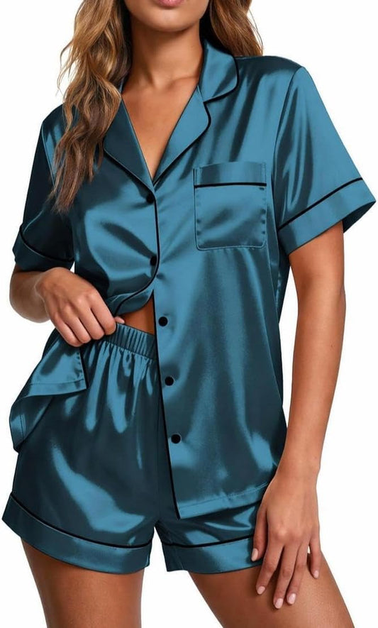 Pajamas for Women Set Silk Satin Pjs Button down Sleepwear Summer Loungewear Top and Shorts Lounge Set S-XXL